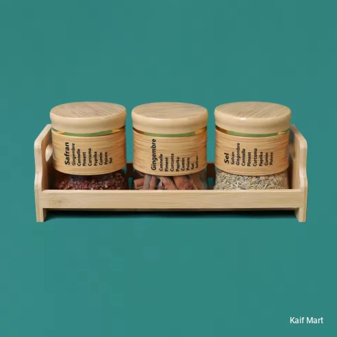 3pcs Glass Kitchen Spice Jars with Lid | Food Storage Bottles & Bamboo Rack