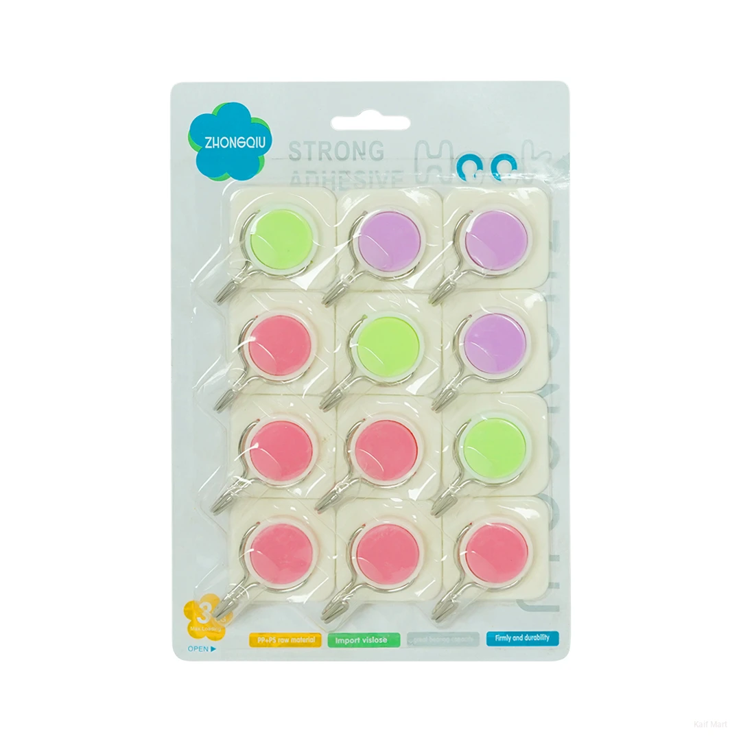 Strong Adhesive Wall Hooks – Multi-Color Heavy Duty Self-Adhesive Hooks (12 Pcs Set)