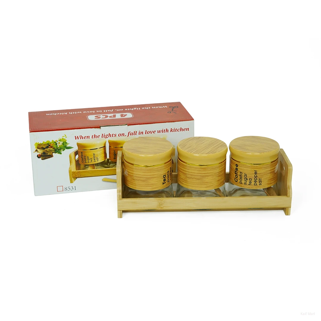 3pcs Glass Kitchen Spice Jars with Lid | Food Storage Bottles & Bamboo Rack